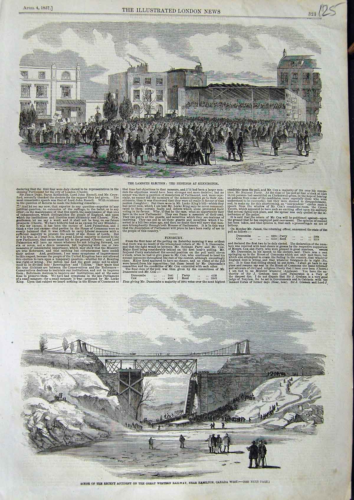 Old Antique Print 1857 Lambeth Election Kennington Great Western Railway 19th