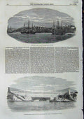 Original Old Antique Print 1853 City St. John'S Ships Suspension Bridge River