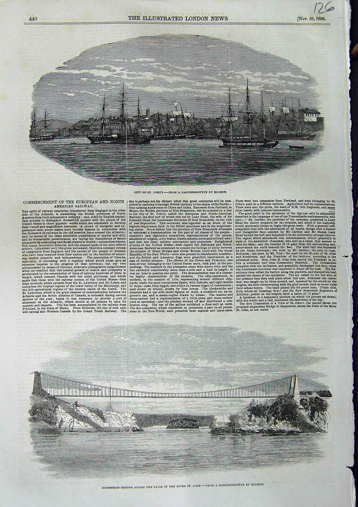 Original Old Antique Print 1853 City St. John'S Ships Suspension Bridge River