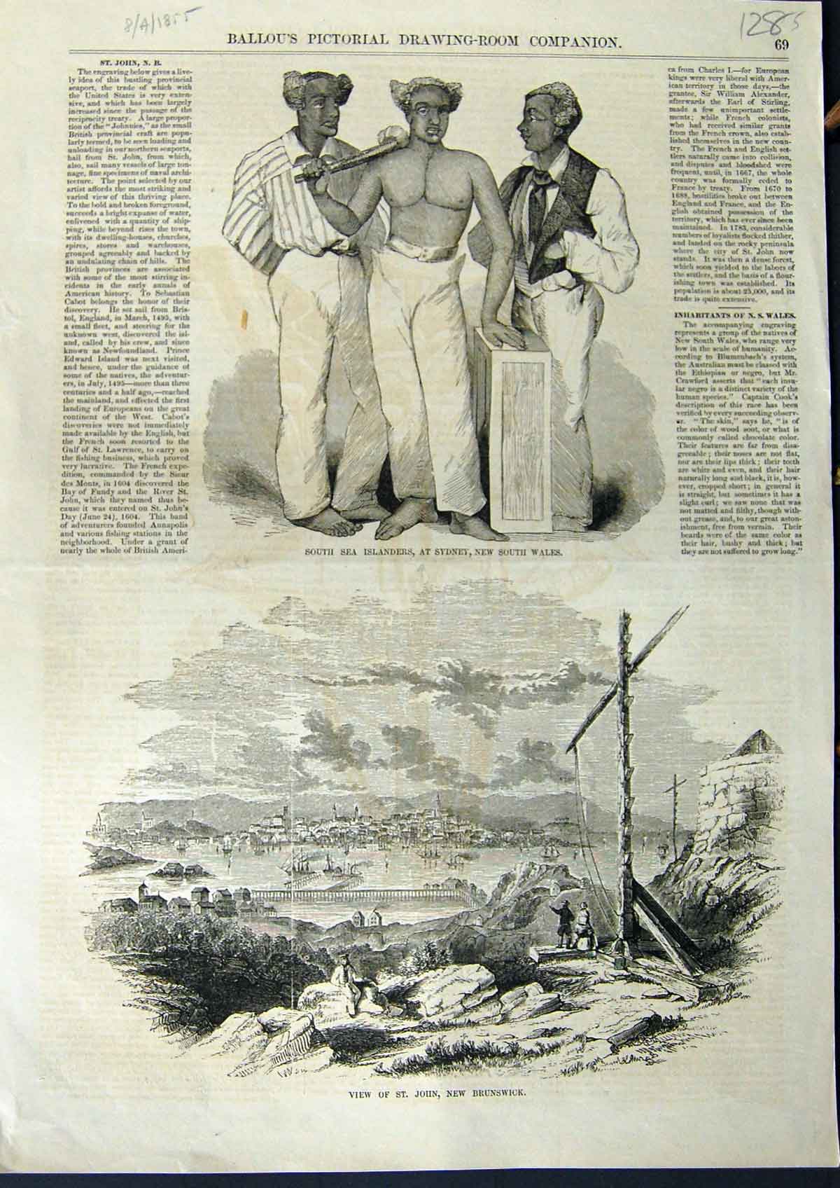 Original Old Antique Print 1855 South Islanders Sydney Australia John Brunswick