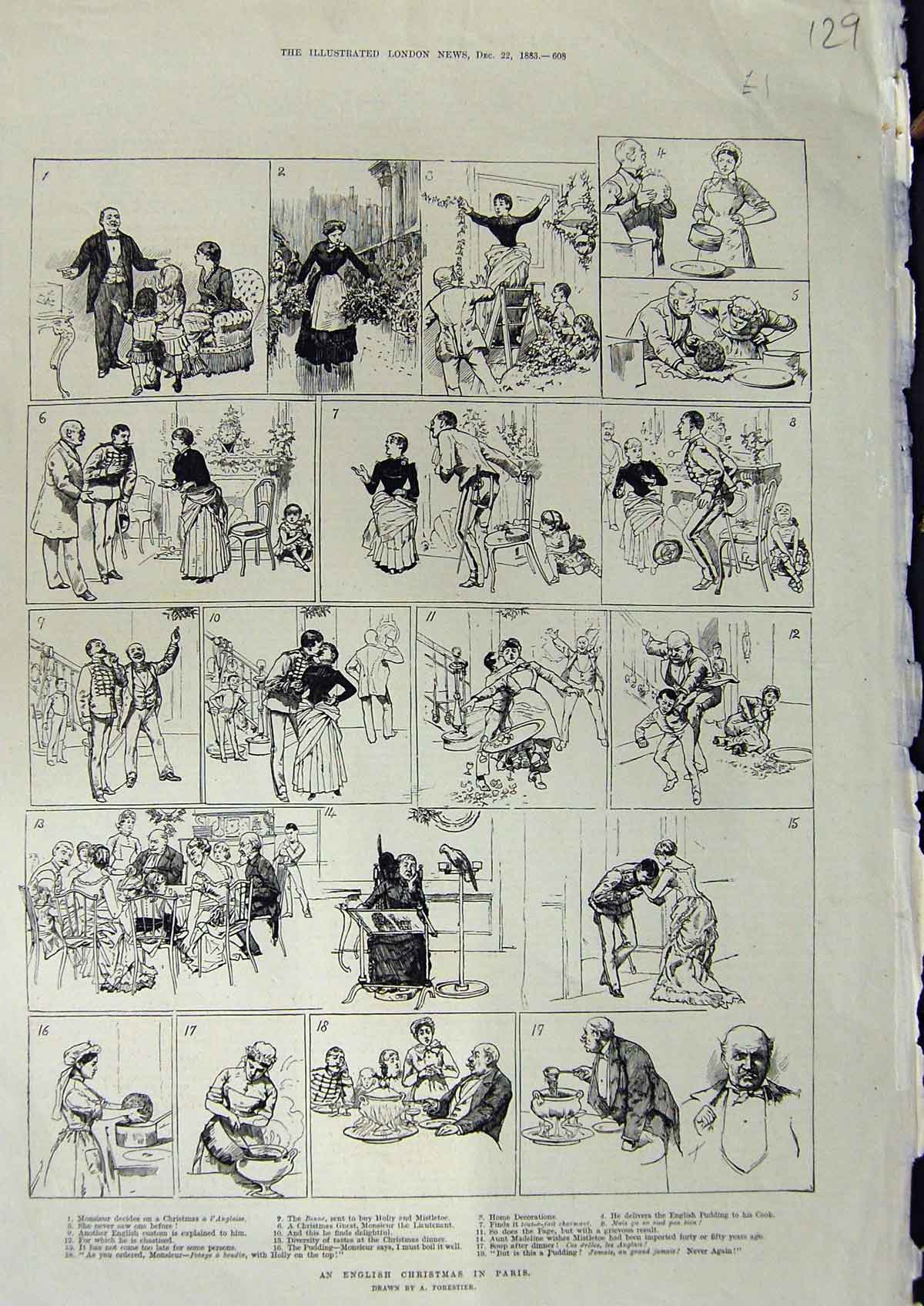 Original Old Antique Print 1883 English Christmas Paris France Illustrations