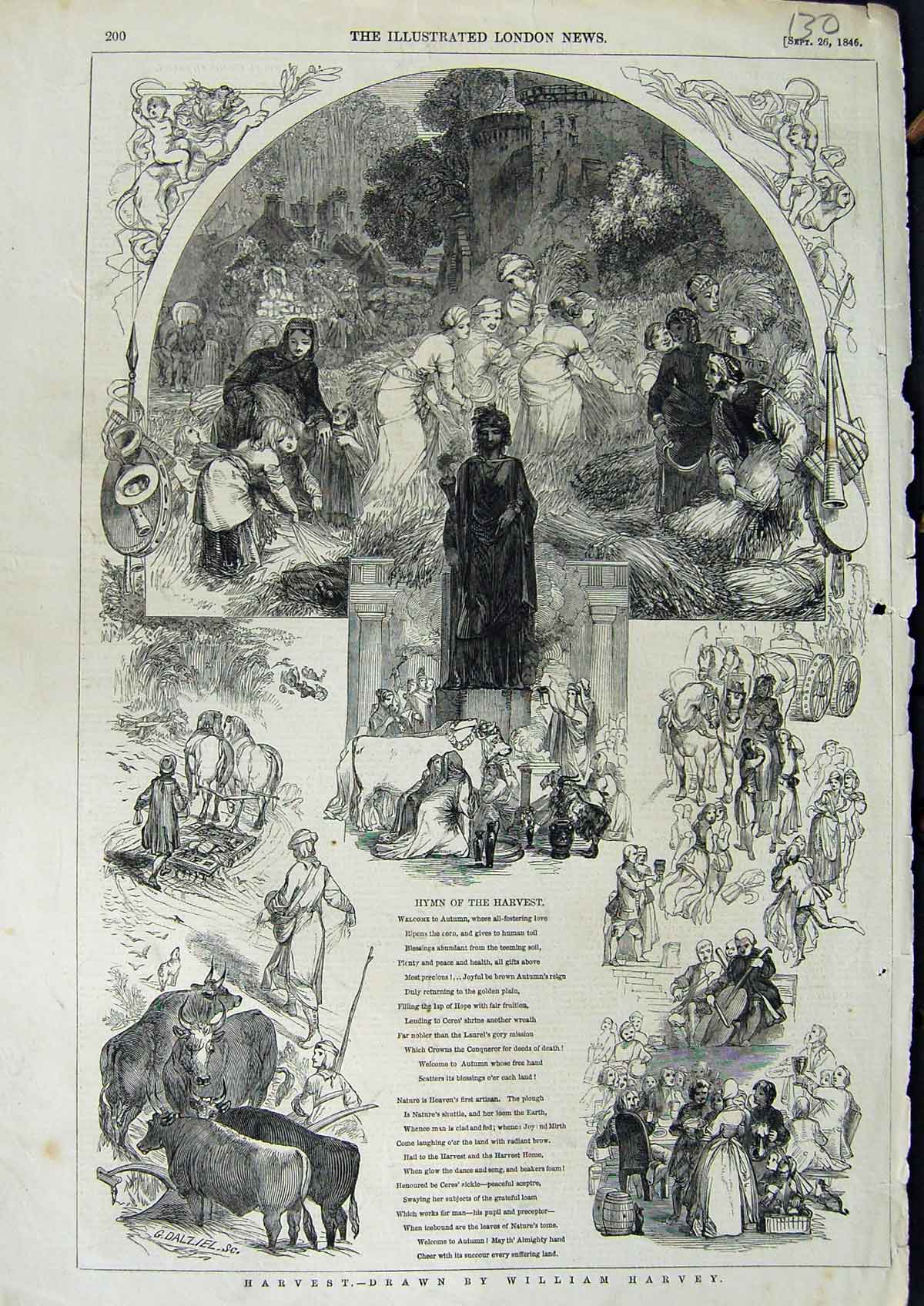 Original Old Antique Print 1846 Hymn Harvest Song Ilustration Farming Animals