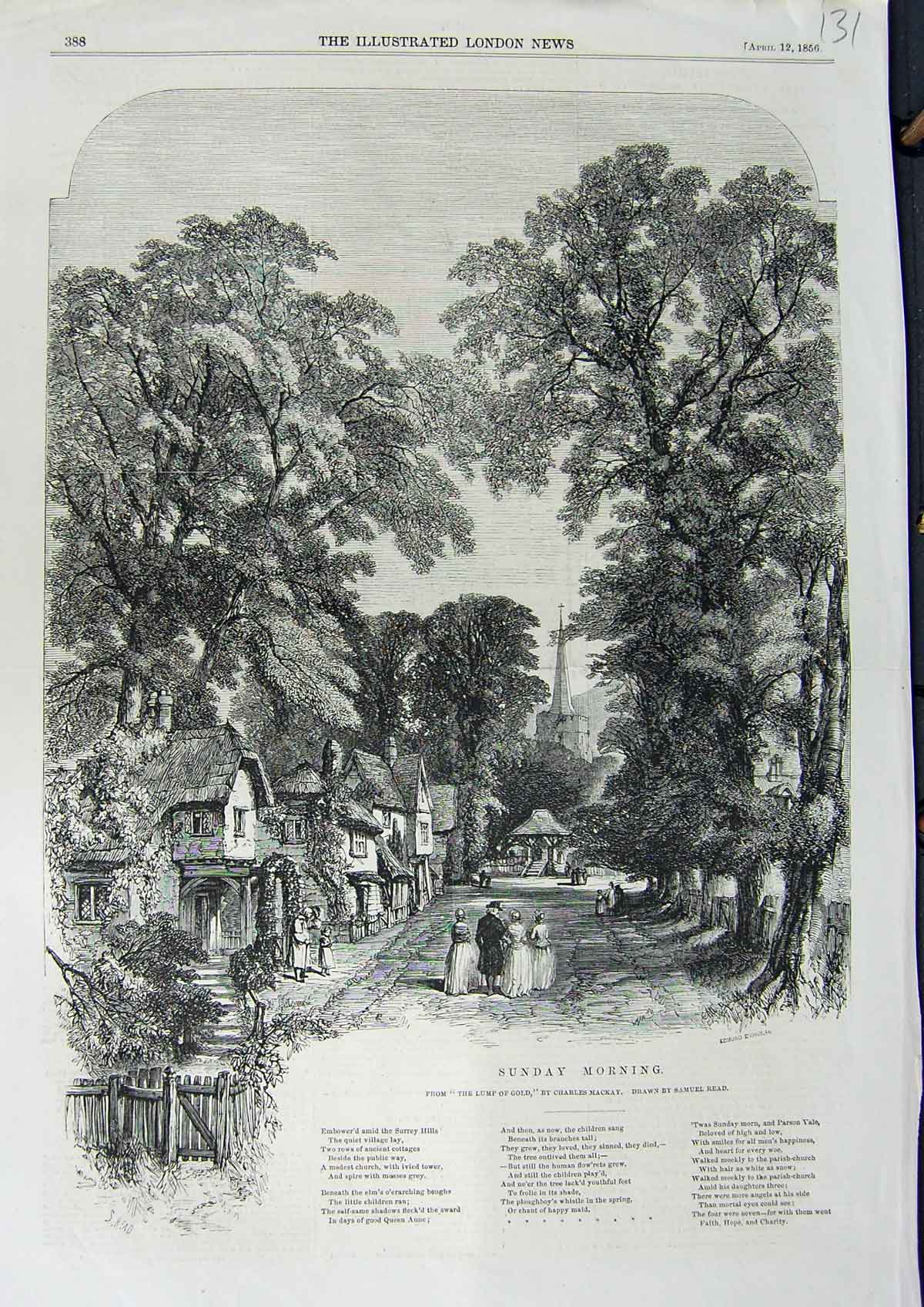 Original Old Antique Print 1856 Sunday Morning Poem Lump GCharles Mackay 19th