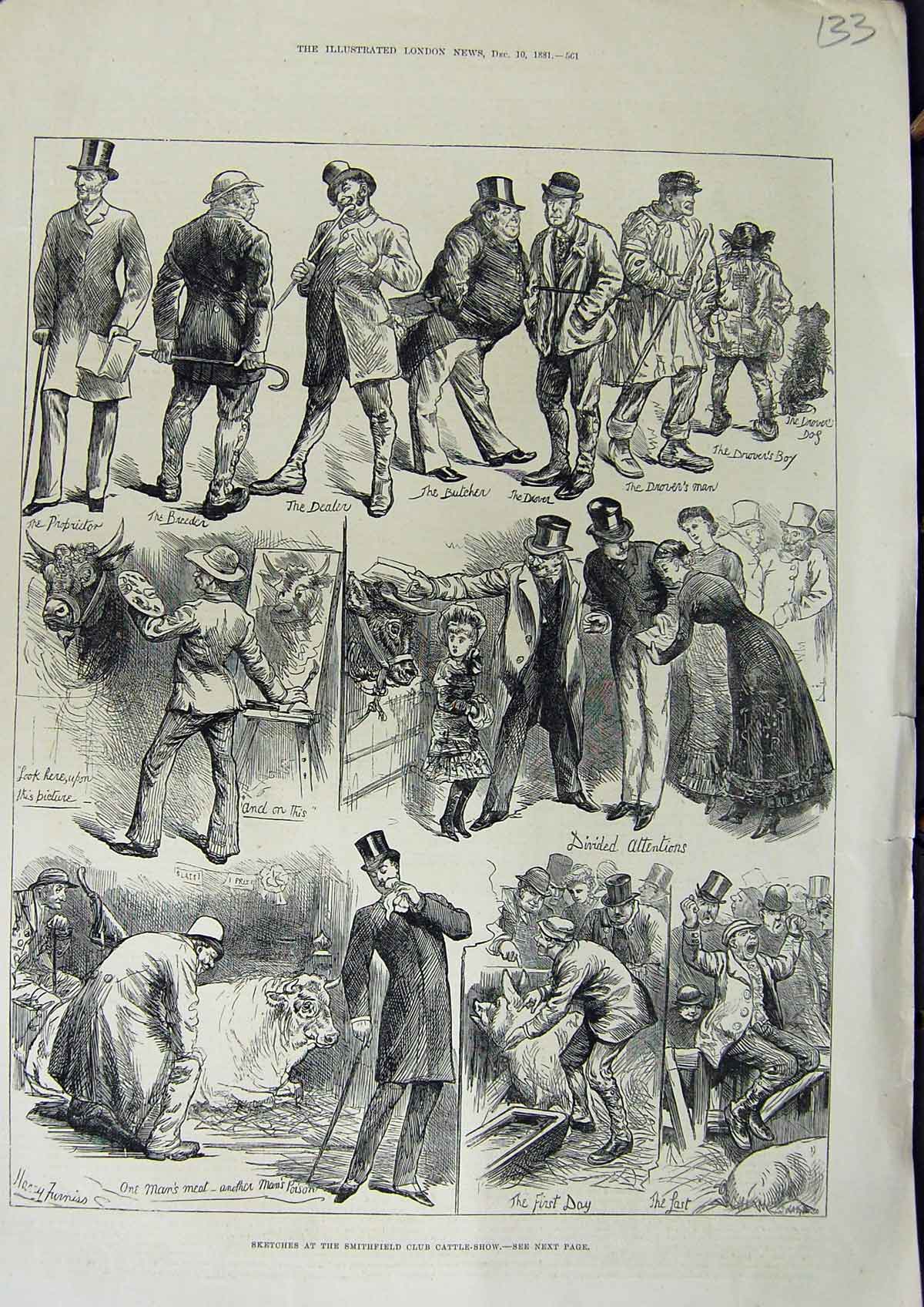 Original Old Antique Print 1881 Sketches Smithfield Club Cattle Show Animals