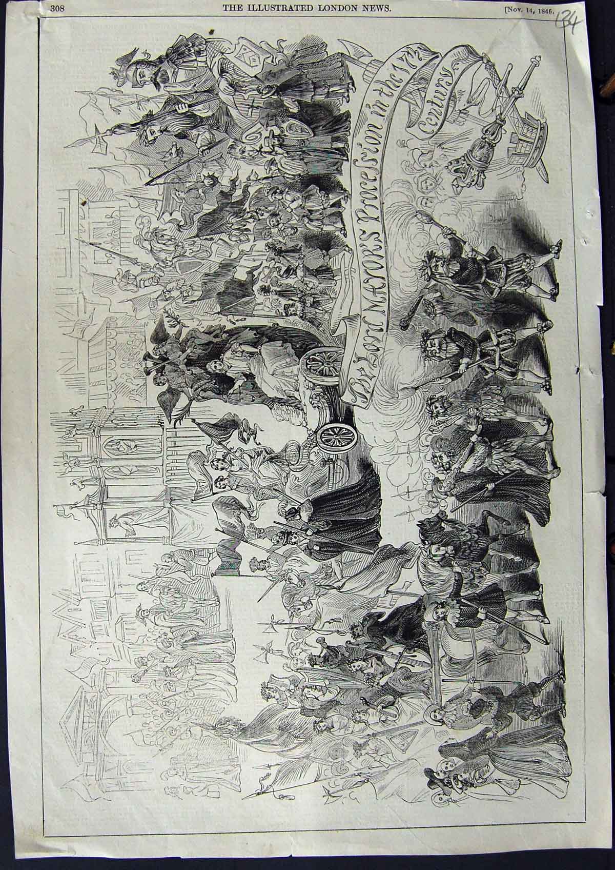 Original Old Antique Print 1846 Lord Mayors Procession 17Th Century Costumes