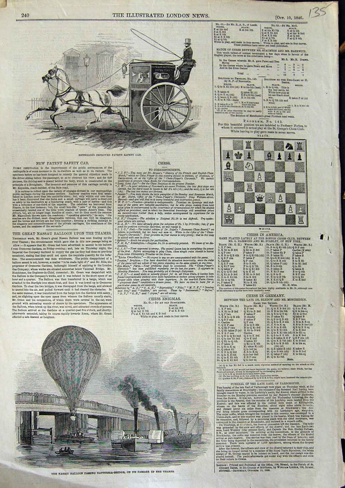 Original Old Antique Print 1846 Reyns Patent Cab Nassau Balloon Battersea 19th