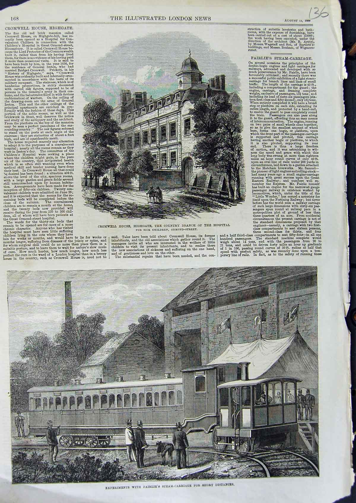 Old Antique Print 1869 Cromwell Highgate Hospital Fairlie Steam-Carriage 19th