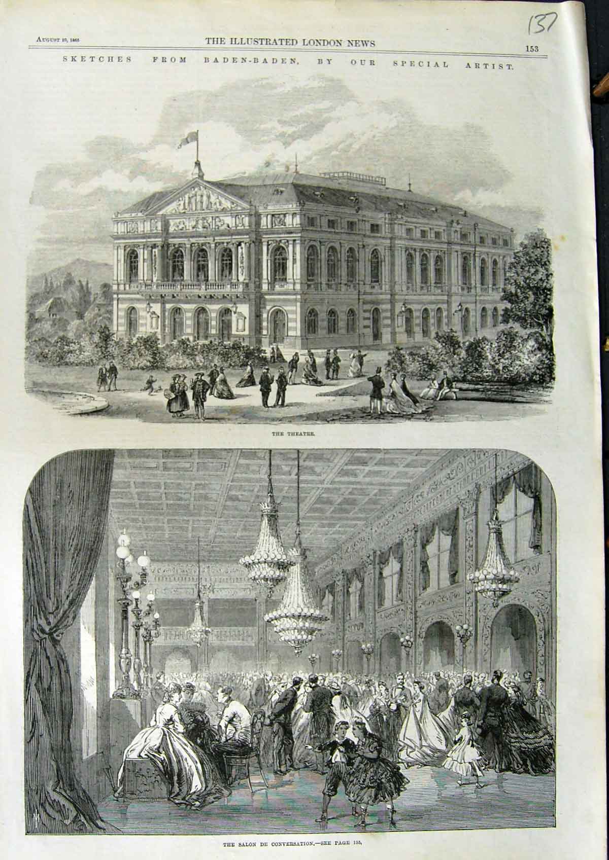Original Old Antique Print 1865 Baden-Baden Theatre Salon De Conversation Dance