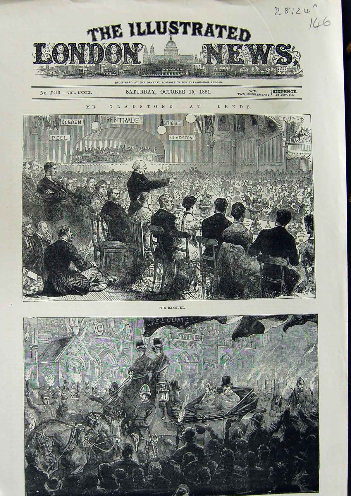 Old Antique Print 1881 Mr Gladstone Leeds Banquet Torchlight Procession 19th