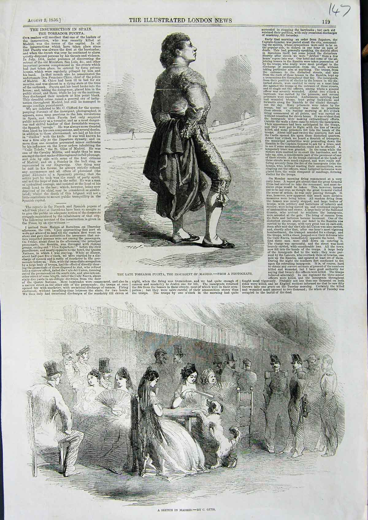Original Old Antique Print Toreador Puceta Insurgent Uniform 1856 Madrid Spain