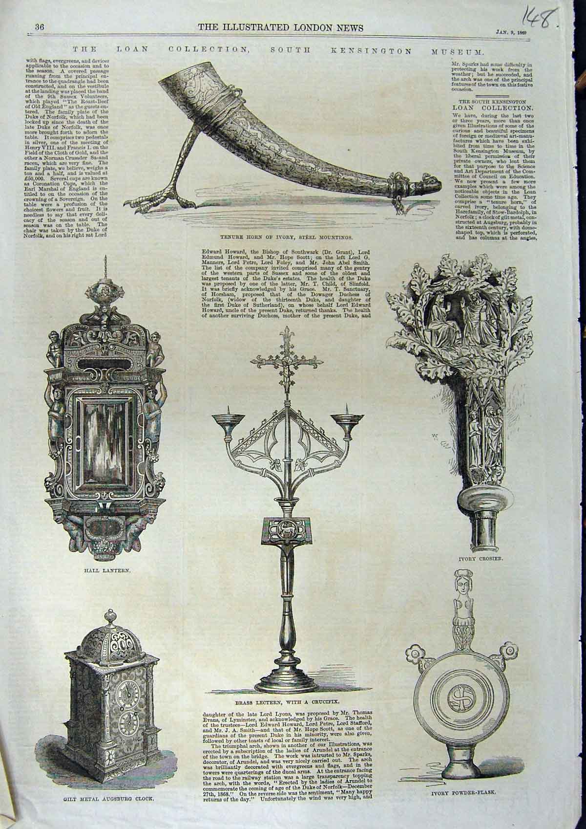 Old Antique Print 1869 South Kensington Museum Horn Ivory Lectern Lantern 19th