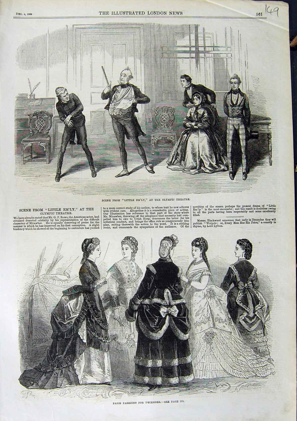 Old Antique Print Little Em'Ly Olympic Theatre 1869 Paris Ladies Fashion 19th