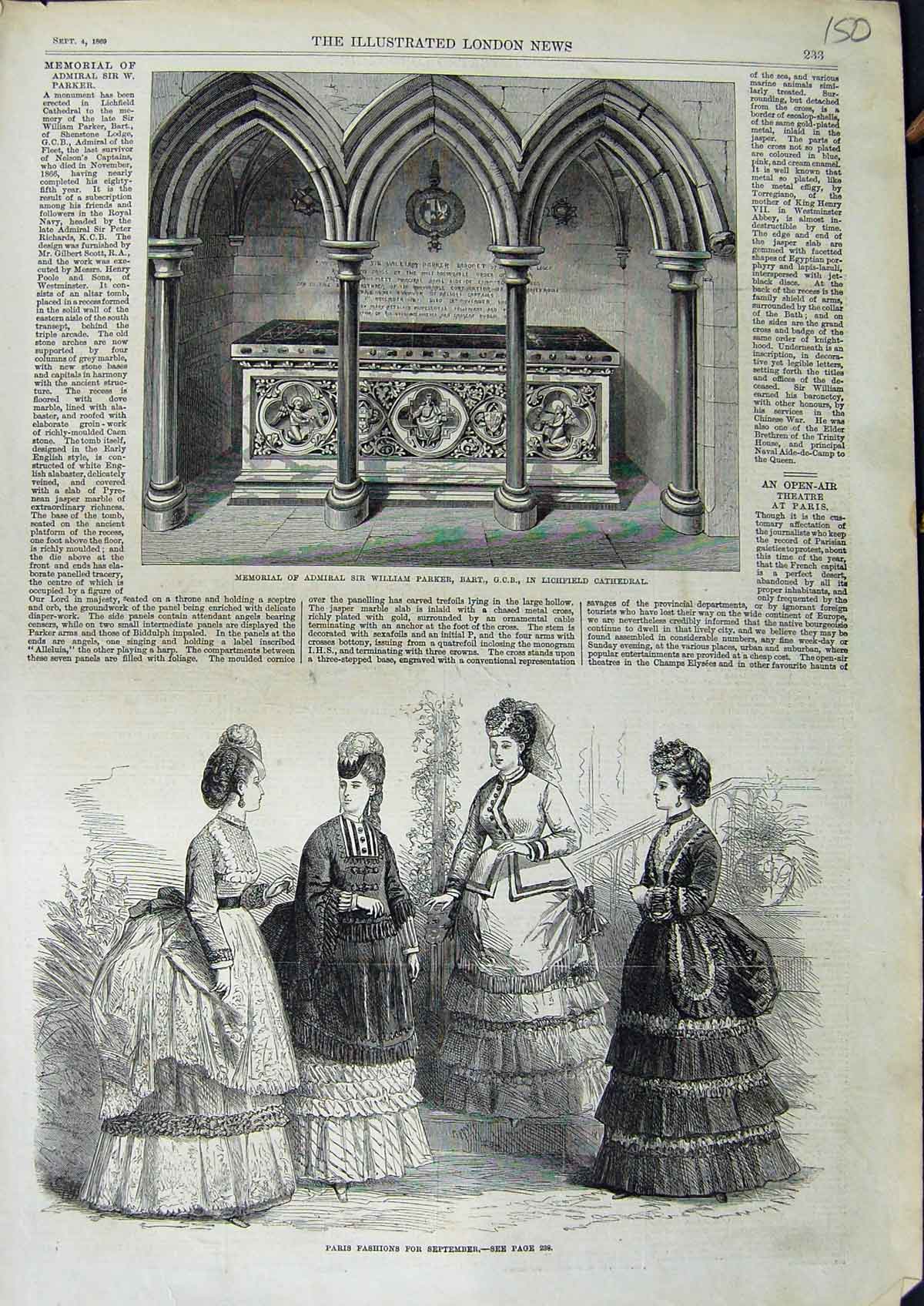 Original Old Antique Print 1869 Paris Fashion Memorial William Parker Lichfield