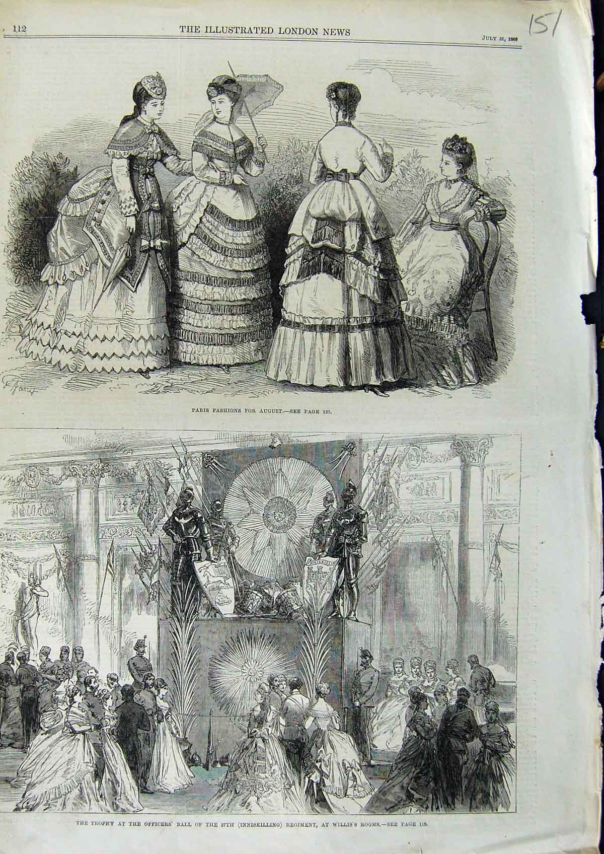 Original Old Antique Print 1869 Paris Fashion Officers Ball Inniskilling Willis