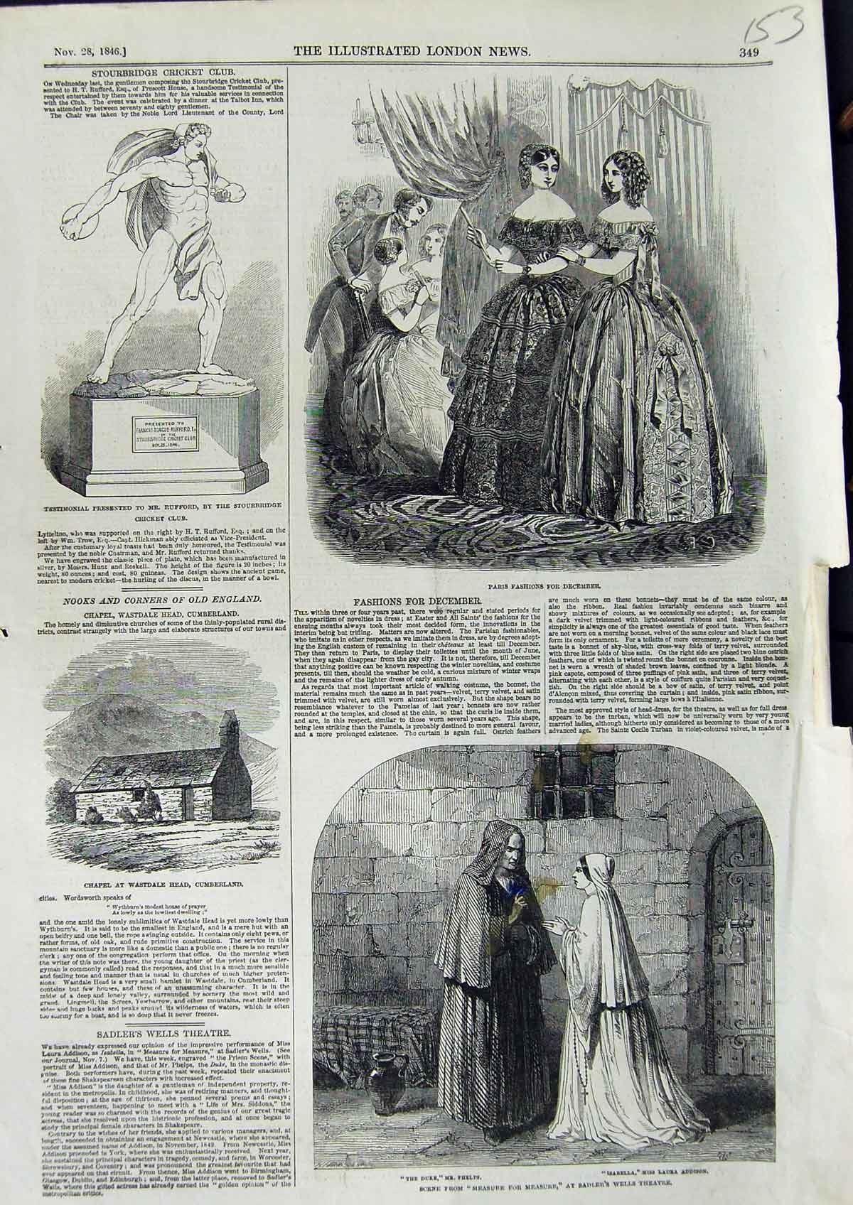 Old Antique Print 1846 Measure Wells Theatre Phelps Addison Paris Fashion 19th