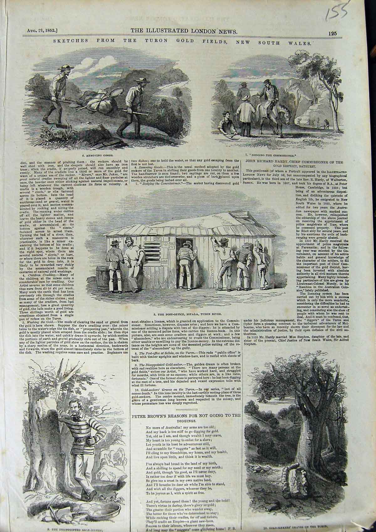 Original Old Antique Print 1852 Turon GFields Australia Post-Office Sofala 19th