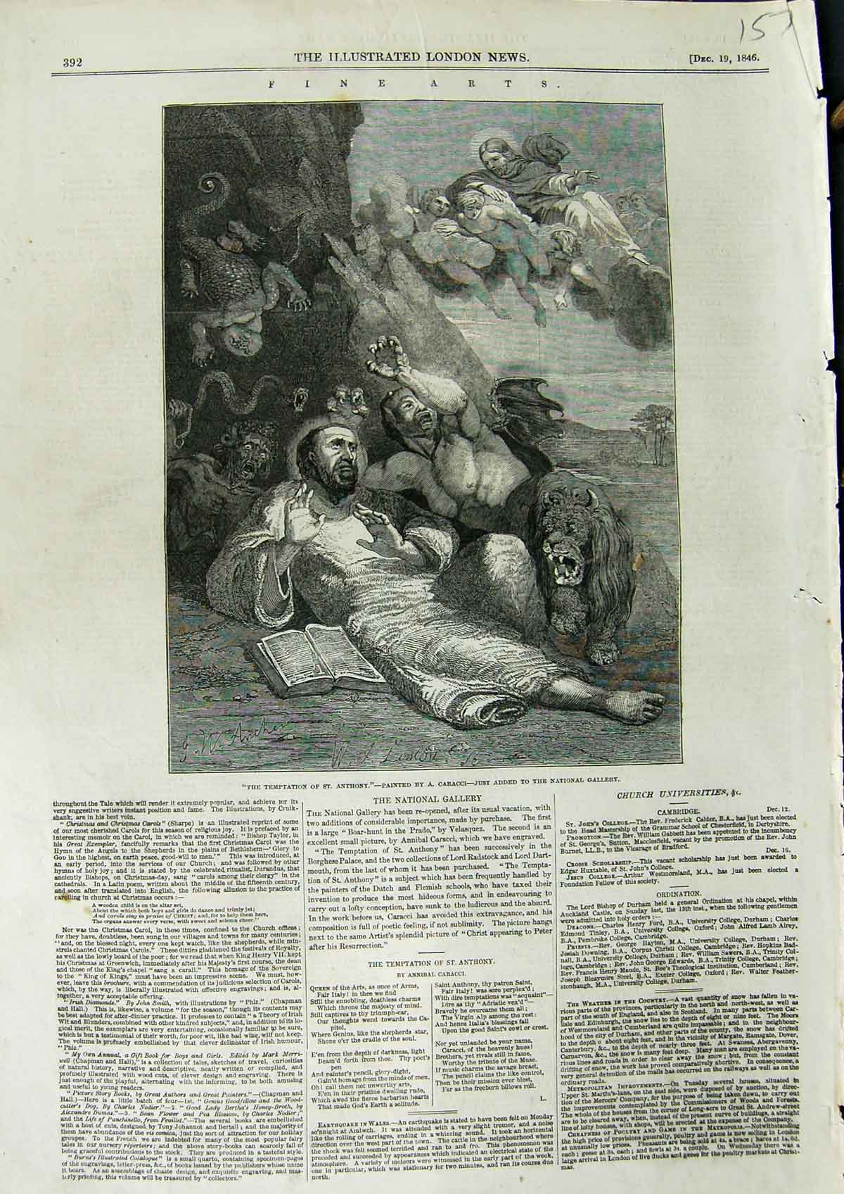 Old Antique Print 1846 Scene Temptation Anthony National Gallery Caracci 19th