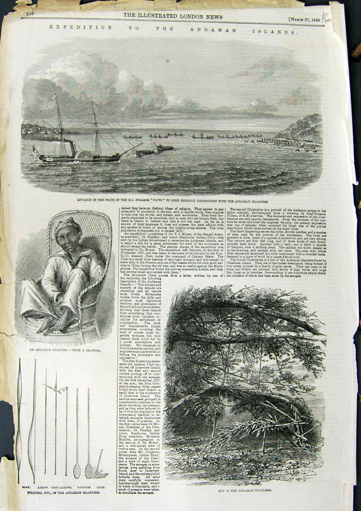 Original Old Antique Print 1858 Andaman Islands Ship H.C Steamer Pluto Weapons