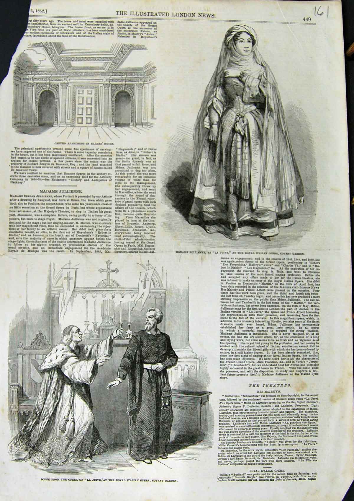 Old Antique Print 1852 Opera Juive Covent Garden Madame Julienne Balmes 19th