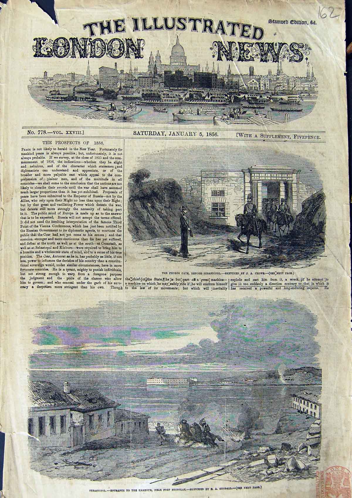 Original Old Antique Print 1856 Sebastopol Harbour Fort Nicholas Phoros Gate
