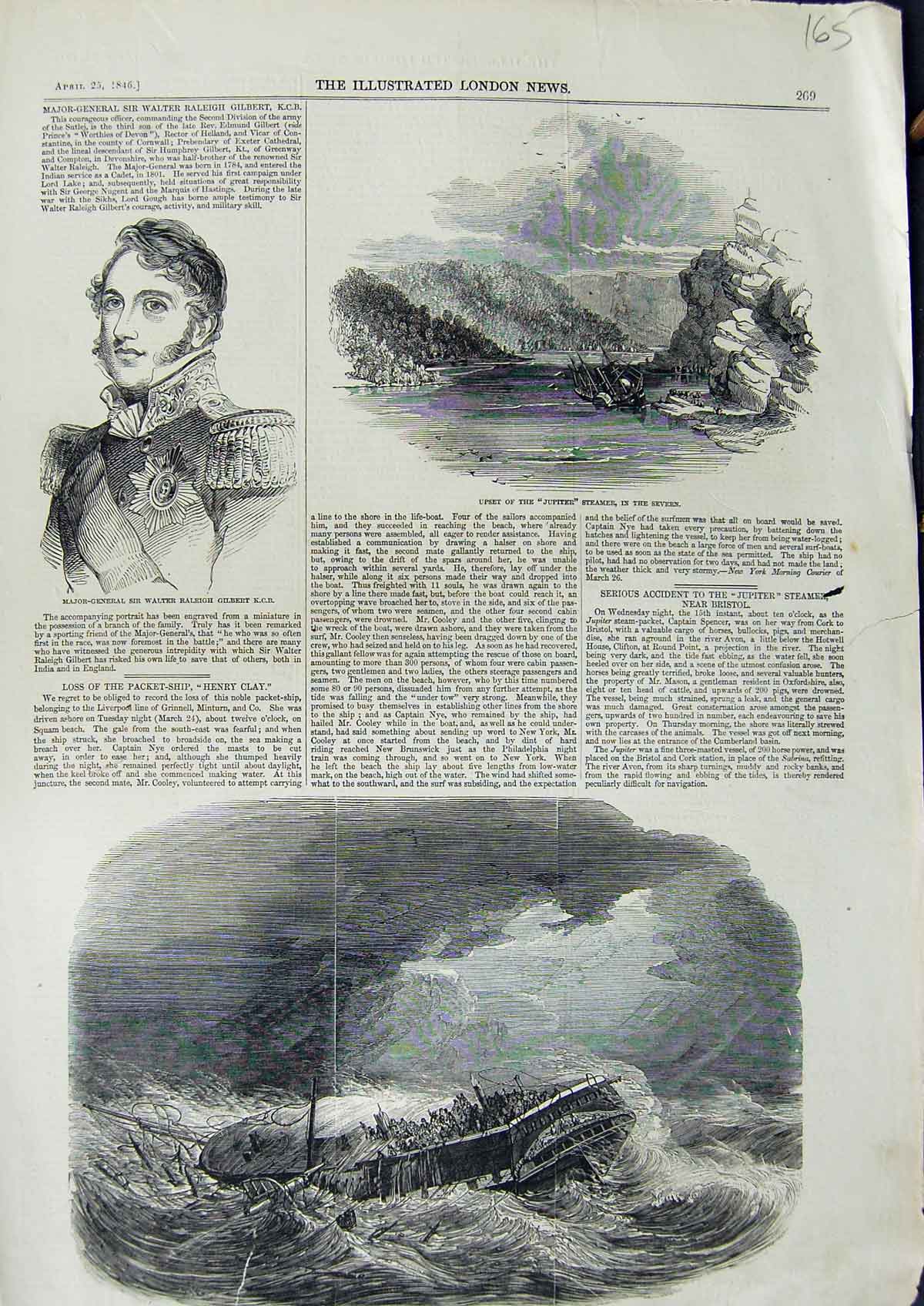 Old Antique Print 1846 Walter Raleigh Gilbert Jupiter Ship Henry Clay Sea 19th