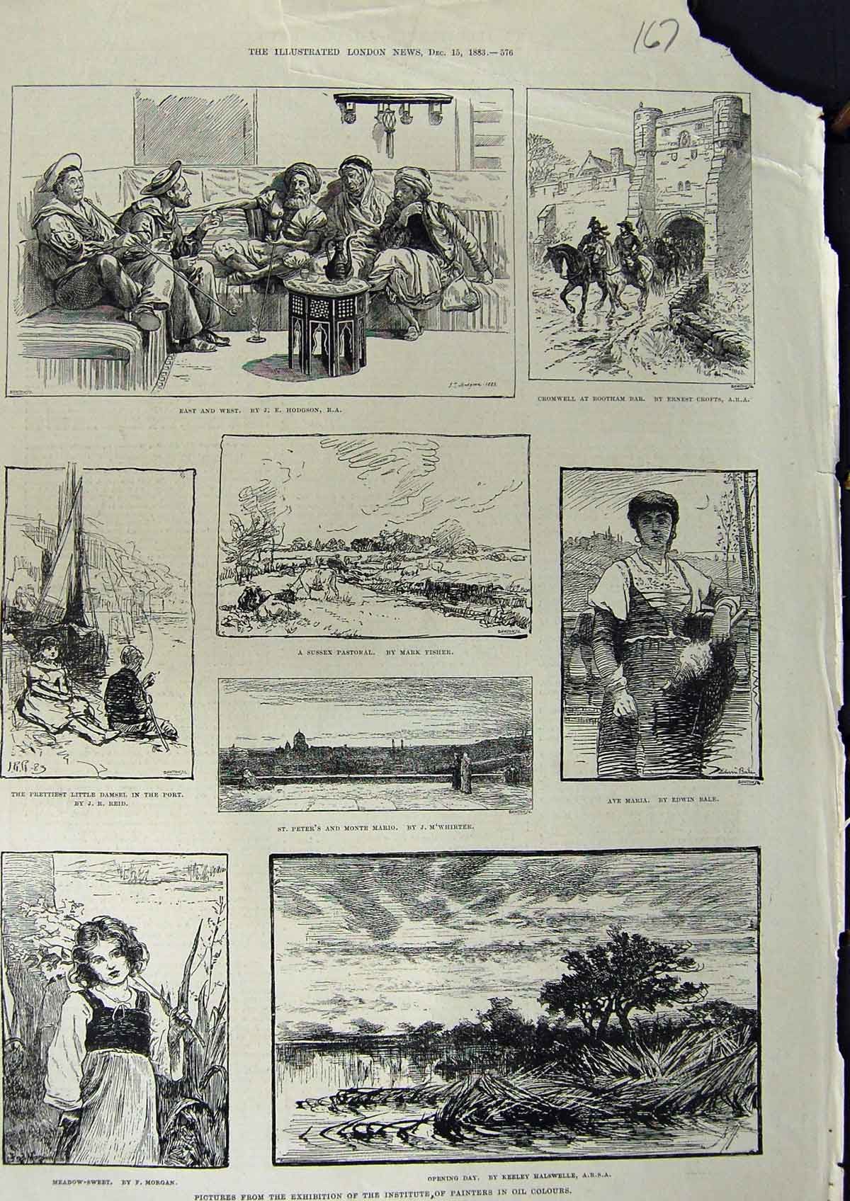 Original Old Antique Print 1883 Art Paintings Water Colours Sussex Monte Mario