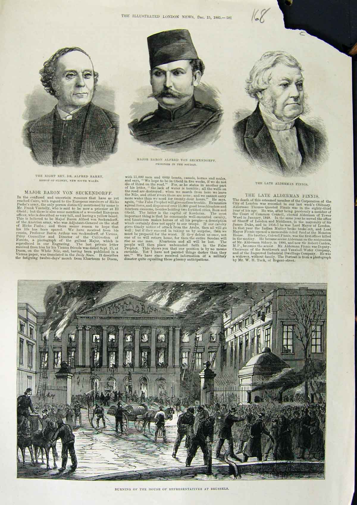 Original Old Antique Print 1883 Fire Brussels Major Seckendorf Dr. Barry Finnis