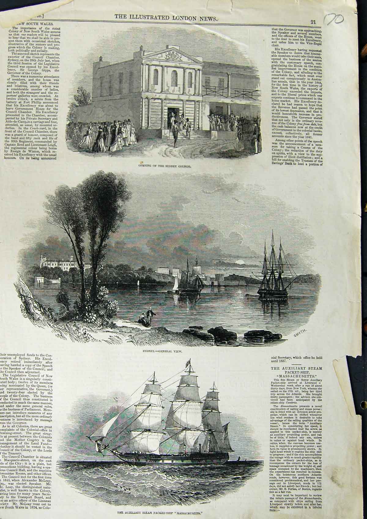 Old Antique Print 1846 Australia Sydney Council Massachusets Steam Ship 19th
