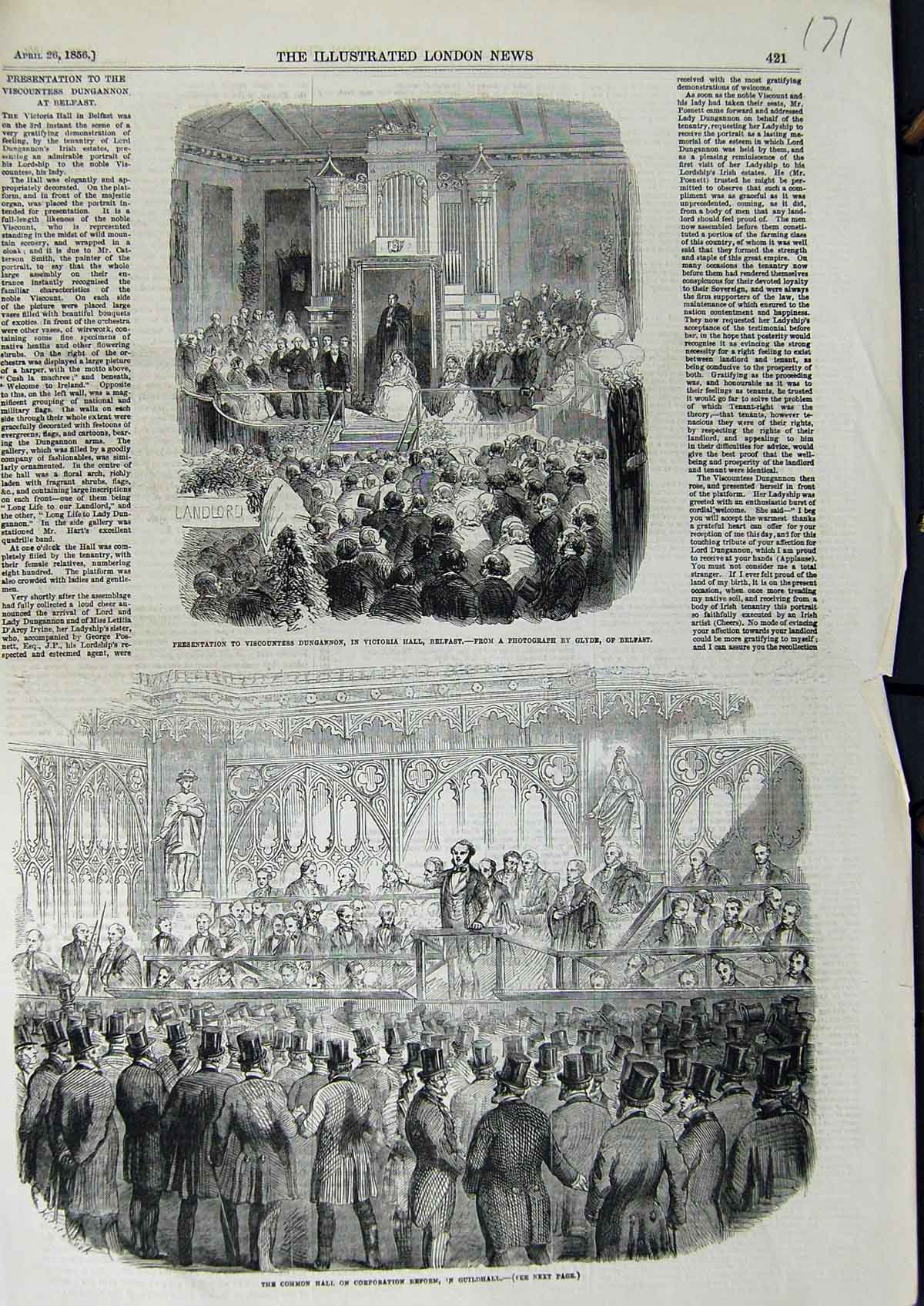 Old Antique Print 1856 Common Hall Corporation Reform Guildhall Belfast 19th