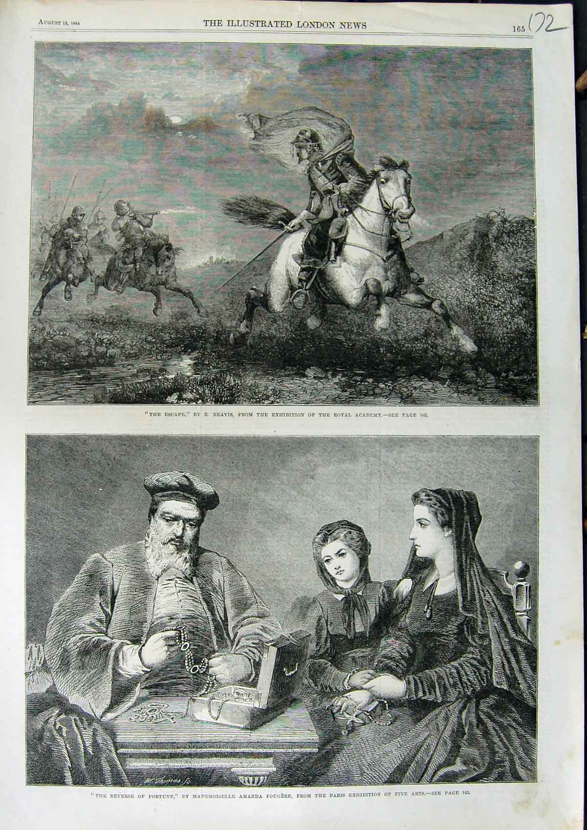 Old Antique Print 1864 Royal Academy Art Escape Man Horse Jewellery Sale 19th
