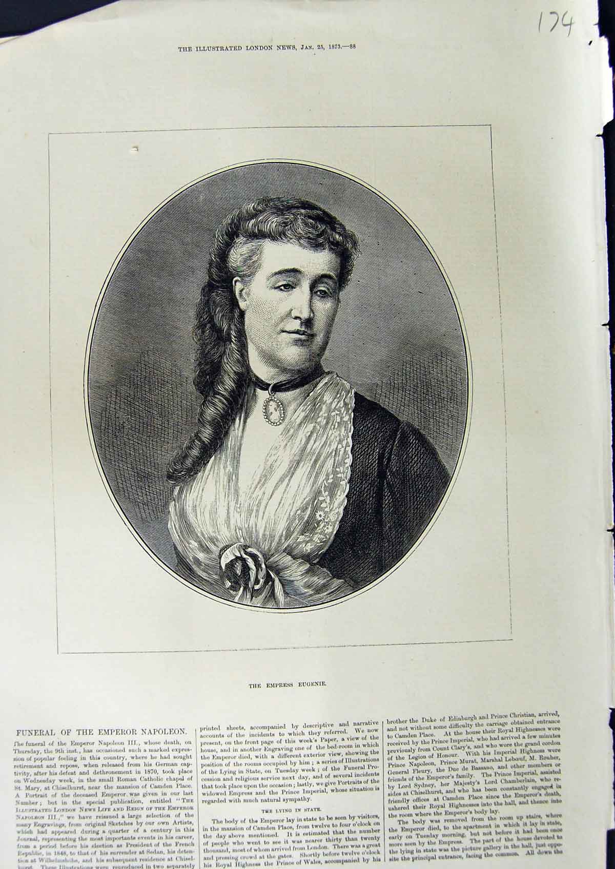 Original Old Antique Print 1873 Portrait Empress Eugenie Lady Woman Victorian