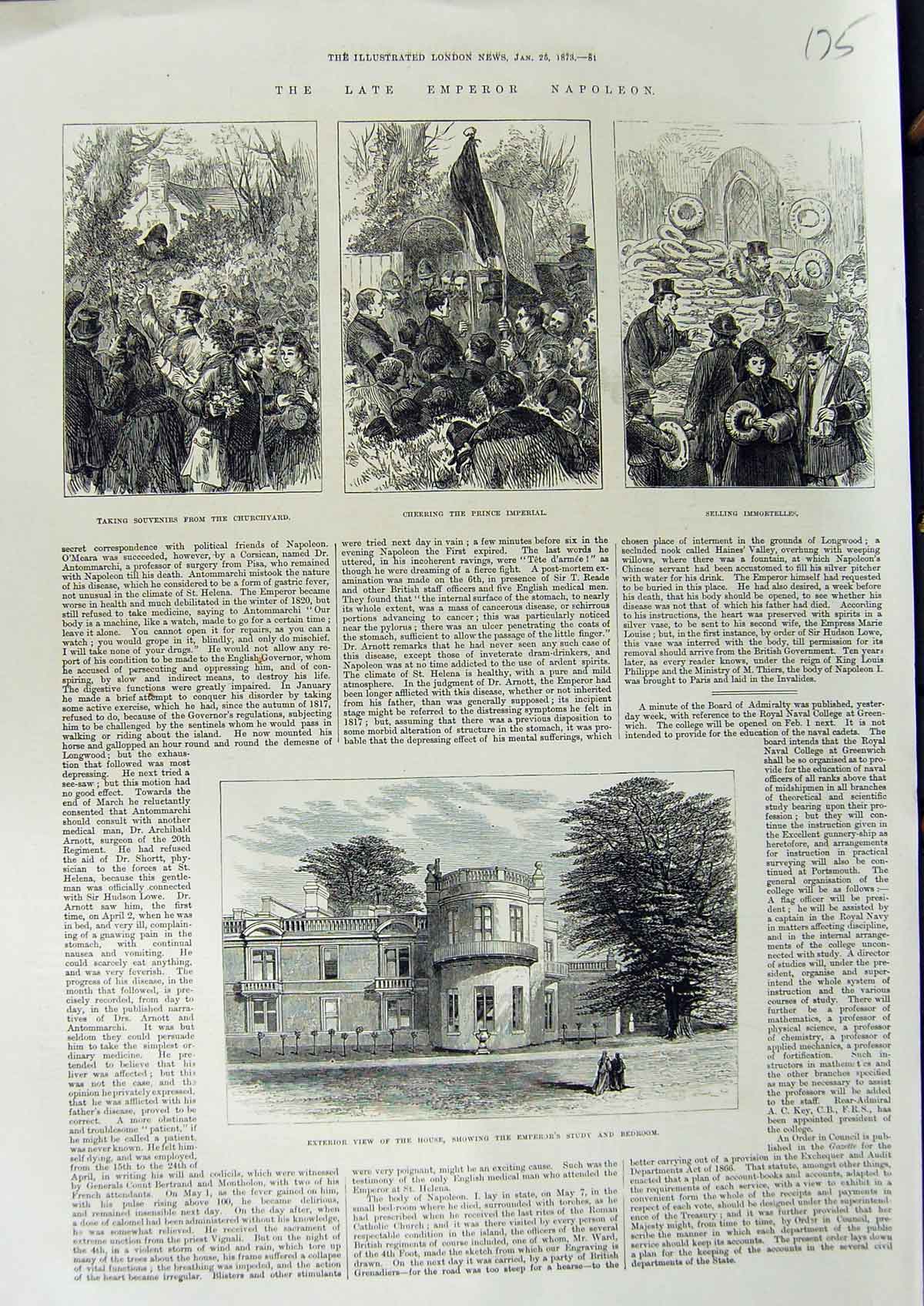 Original Old Antique Print 1873 Emperor Napoleon House Churchyard Immortelles