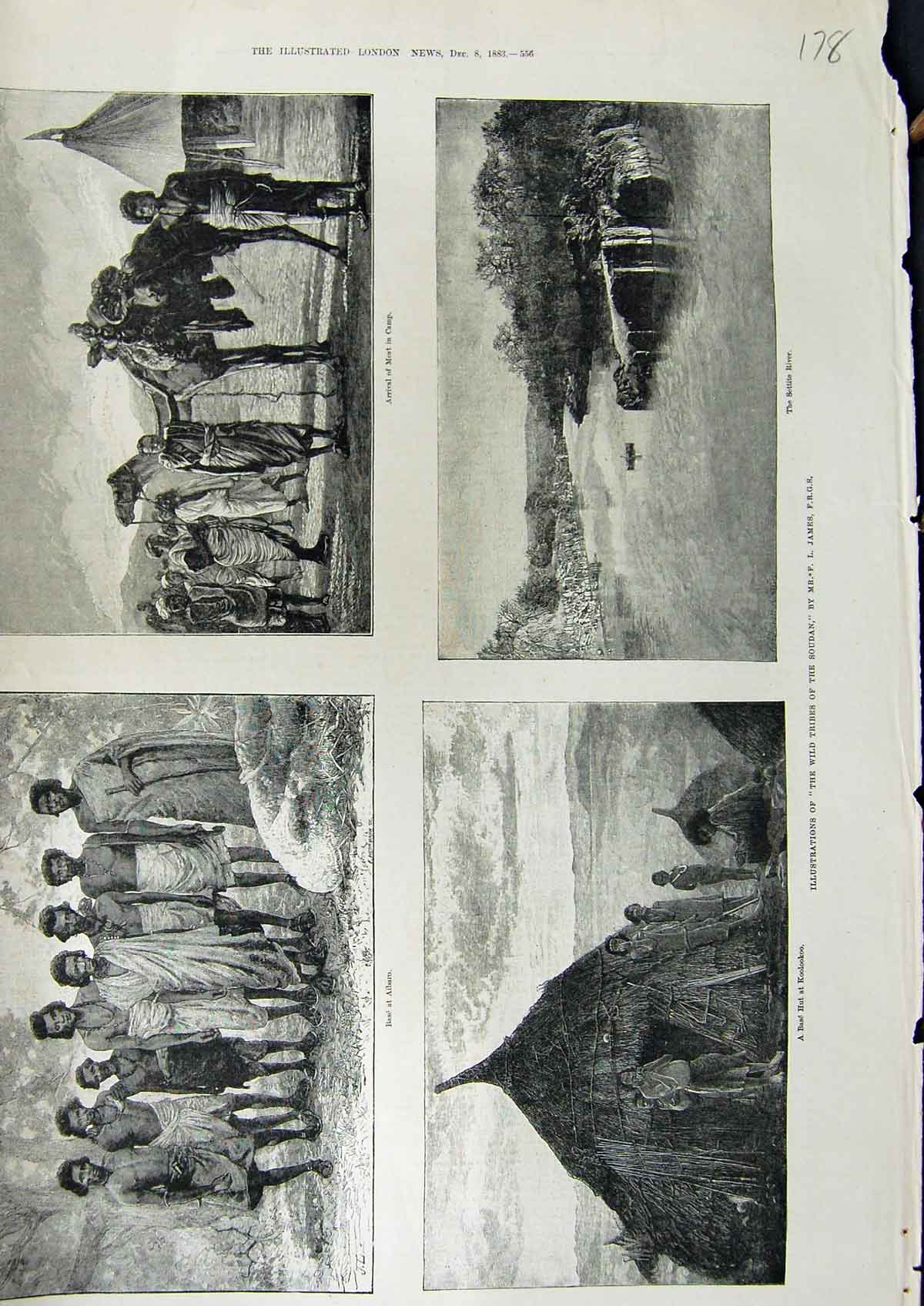 Original Old Antique Print 1883 Wild Tribes Soudan Hut Koolookoo Settite River