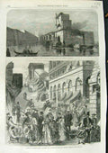 Old Antique Print Steam Tug Galleys Arsenal Venice 1866 Festival Lanterns 19th