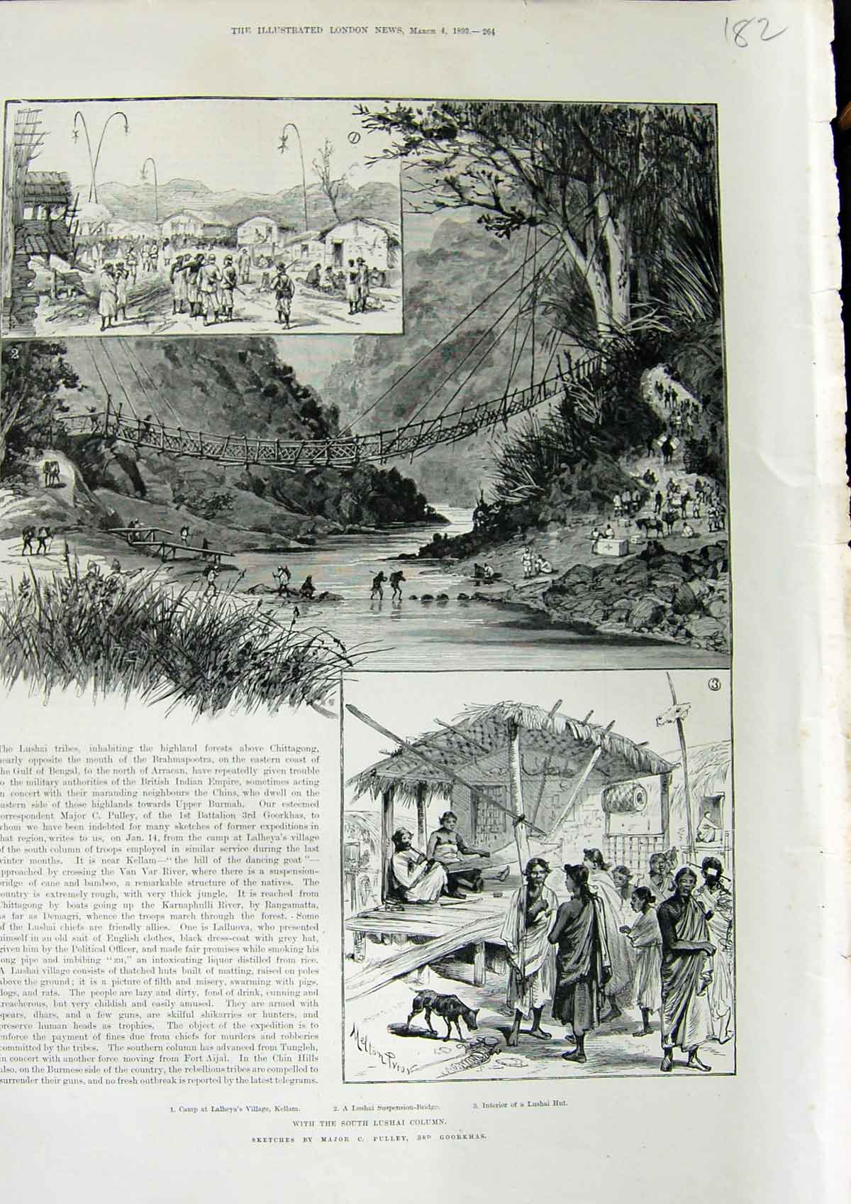 Original Old Antique Print 1893 South Lushai Column Goorkhas Camp Kellam 19th