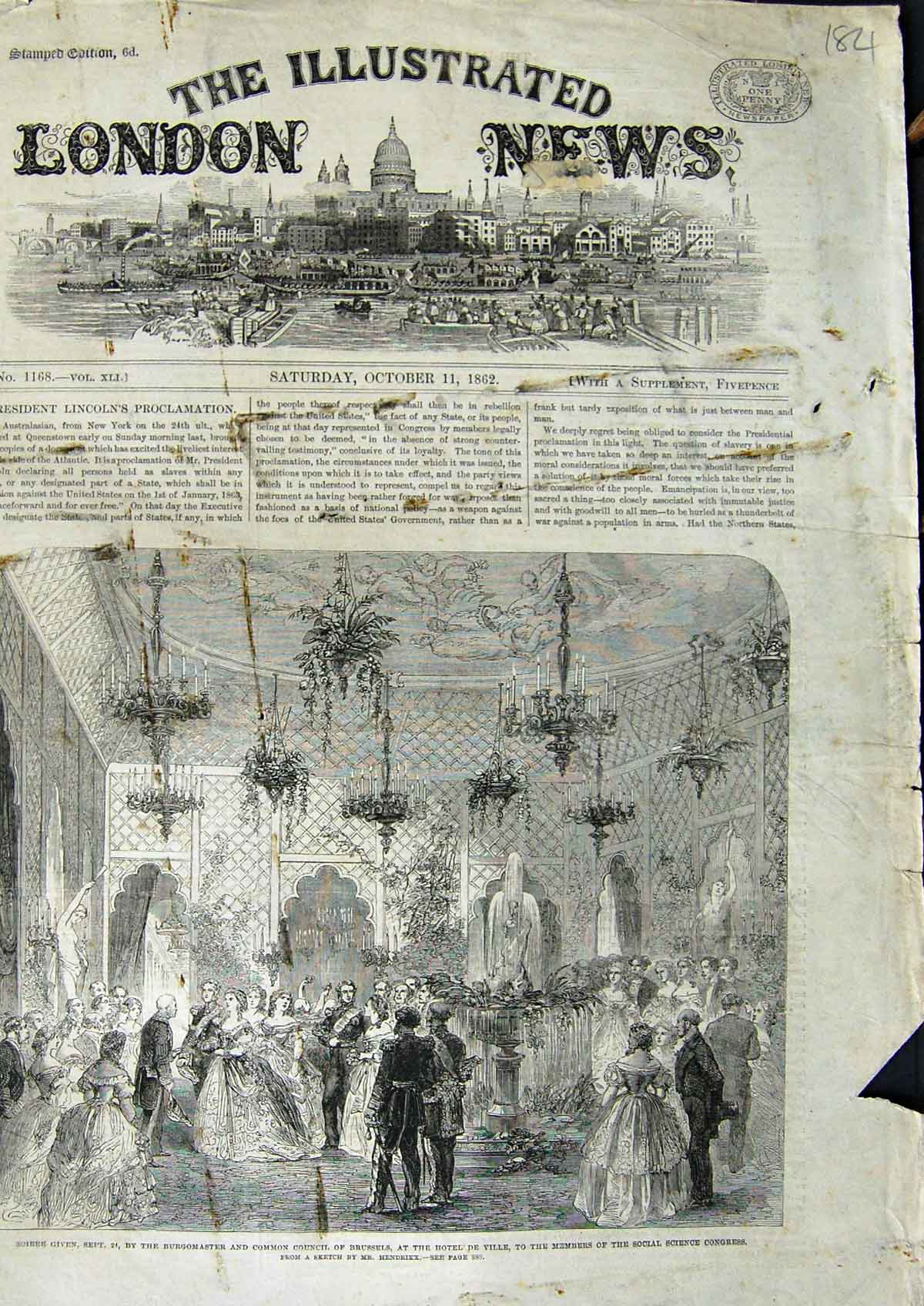 Original Old Antique Print 1862 Soiree Burgomaster Council Brussels Hotel Ville