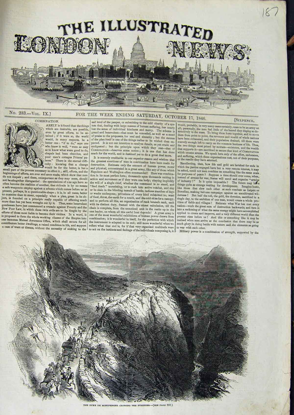 Original Old Antique Print 1846 Duke De Montpensier Crossing Pyrenees Mountains