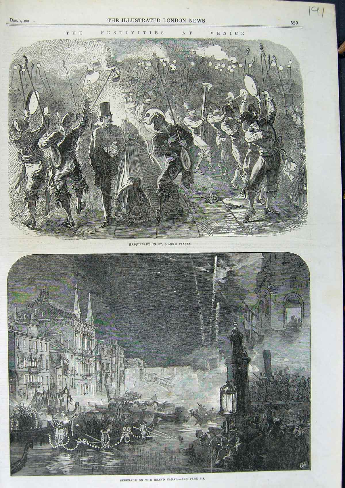 Old Antique Print 1866 Venice Masquerade Mark'S Piazza Grand Canal Italy 19th