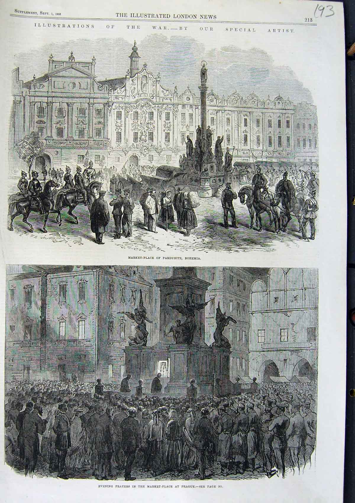 Original Old Antique Print 1866 War Market Place Pardubitz Bohemia Prague 19th