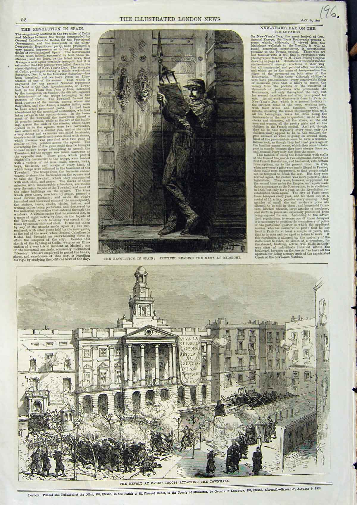 Antique Old Print *3117 1869 Revolt Cadiz Troops Attacking Townhall Sentinel