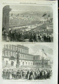Original Old Antique Print 1866 King Italy Verona Pitti Palace Florence Italy