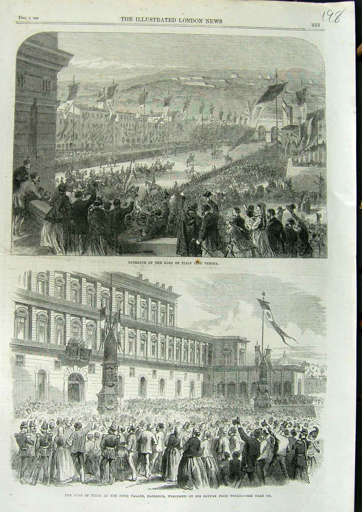 Original Old Antique Print 1866 King Italy Verona Pitti Palace Florence Italy