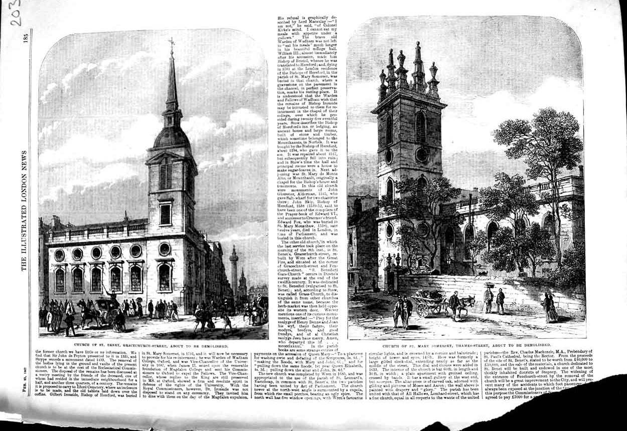 Original Old Antique Print 1867 Church Benet Gracechurch-Street Mary Somerset