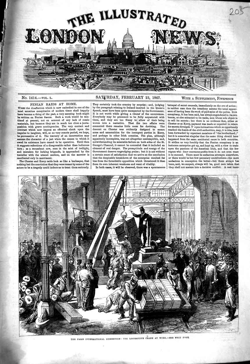 Original Old Antique Print 1867 Paris International Exhibition Locomotive Crane