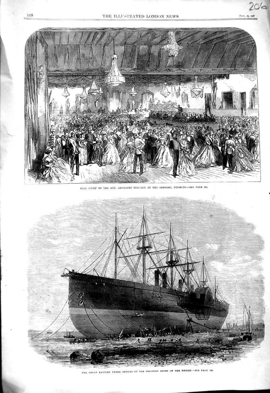 Old Antique Print 1867 Great Eastern Ship Mersey Ball Artillery Finsbury 19th