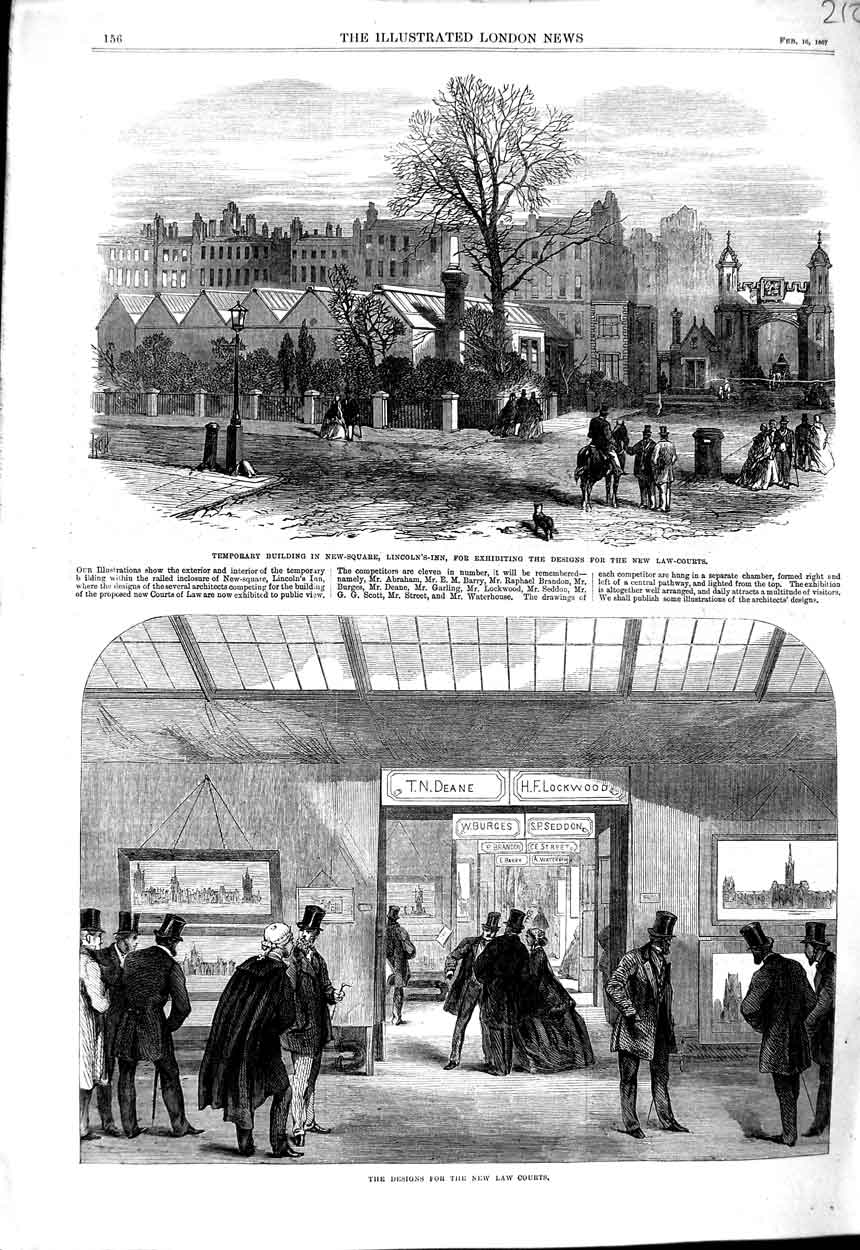 Old Antique Print 1867 Designs Law Courts Buildings New-Square Lincoln'S 19th