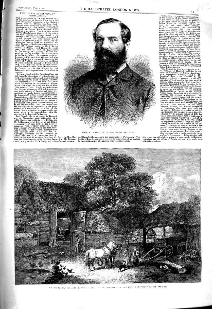 Original Old Antique Print 1867 Viscount Monck Governor Canada Farmyard Stark