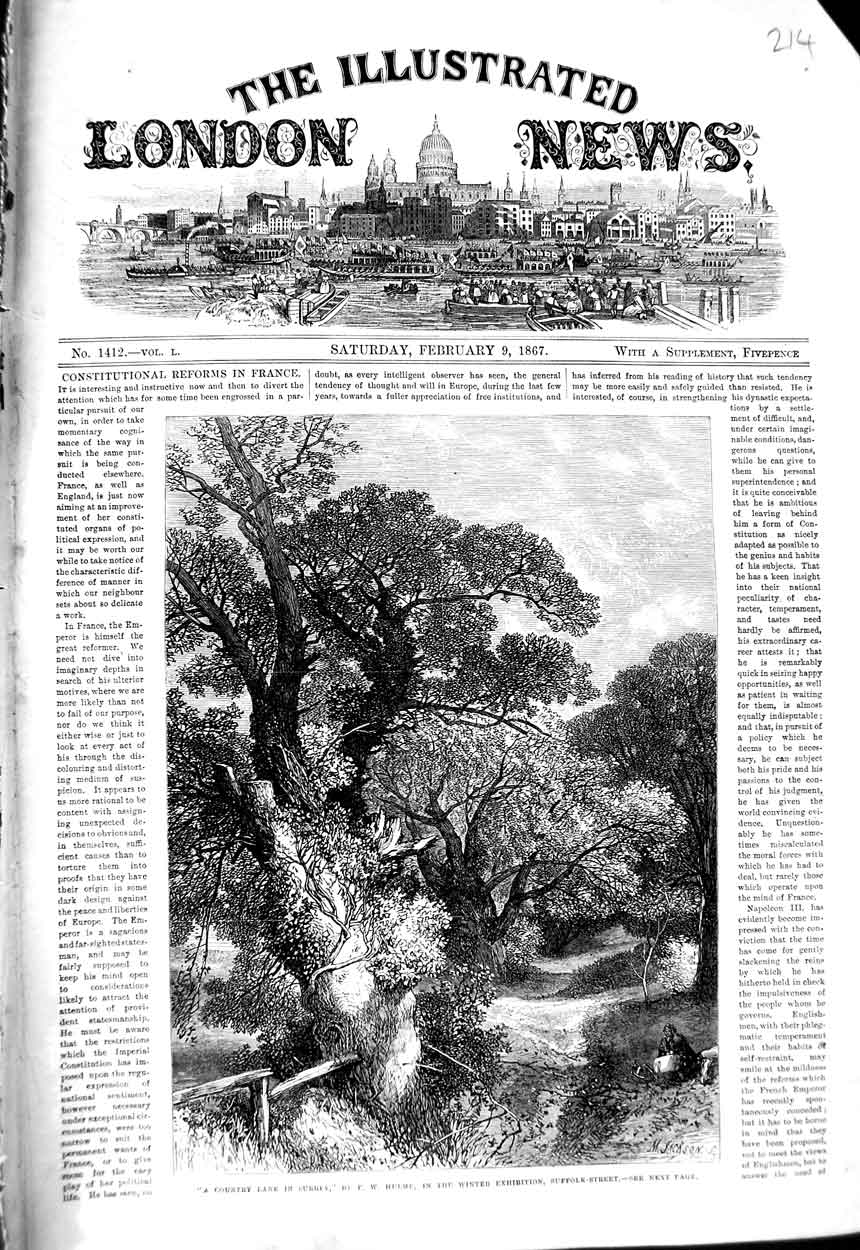 Original Old Antique Print 1867 Country Lane Surrey Hume Winter Exhibition Art