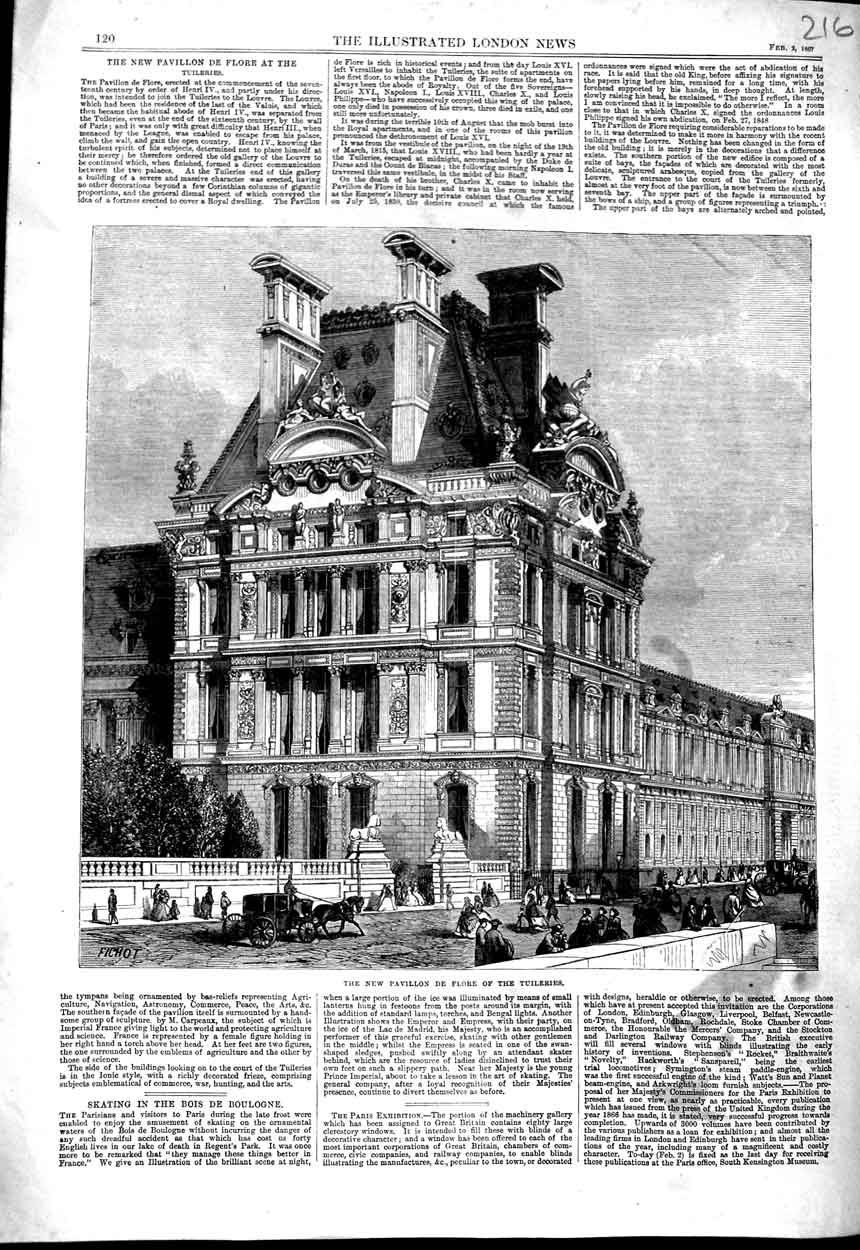 Old Antique Print 1867 New Pavillon Flore Tuileries Architecture France 19th