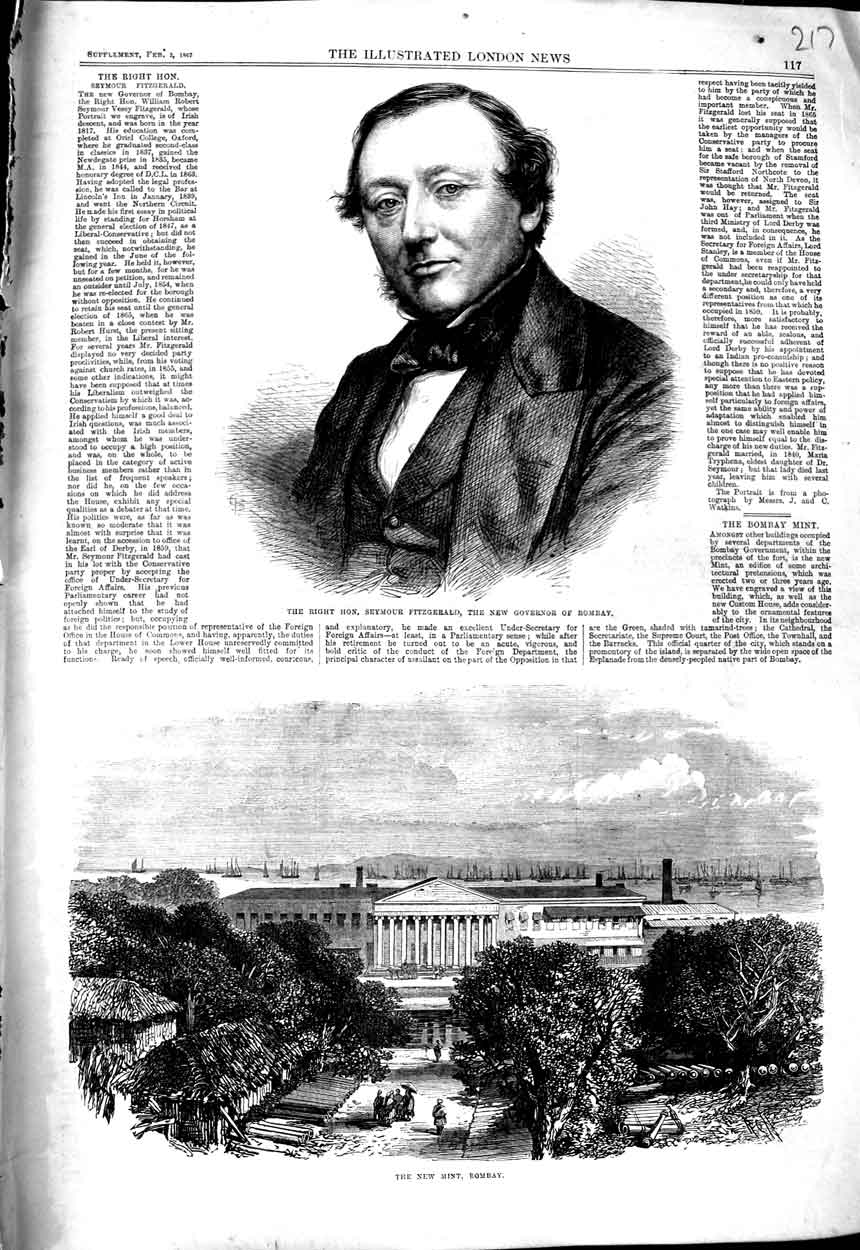 Original Old Antique Print 1867 Seymour Fitzgerald New Governor Bombay Mint